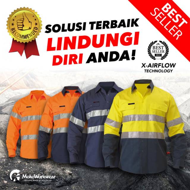 KEMEJA SAFETY KERJA / SERAGAM WEARPACK LAPANGAN / BAJU SAFETY KOMBINASI ORANGE BIRU DONGKER NAVY