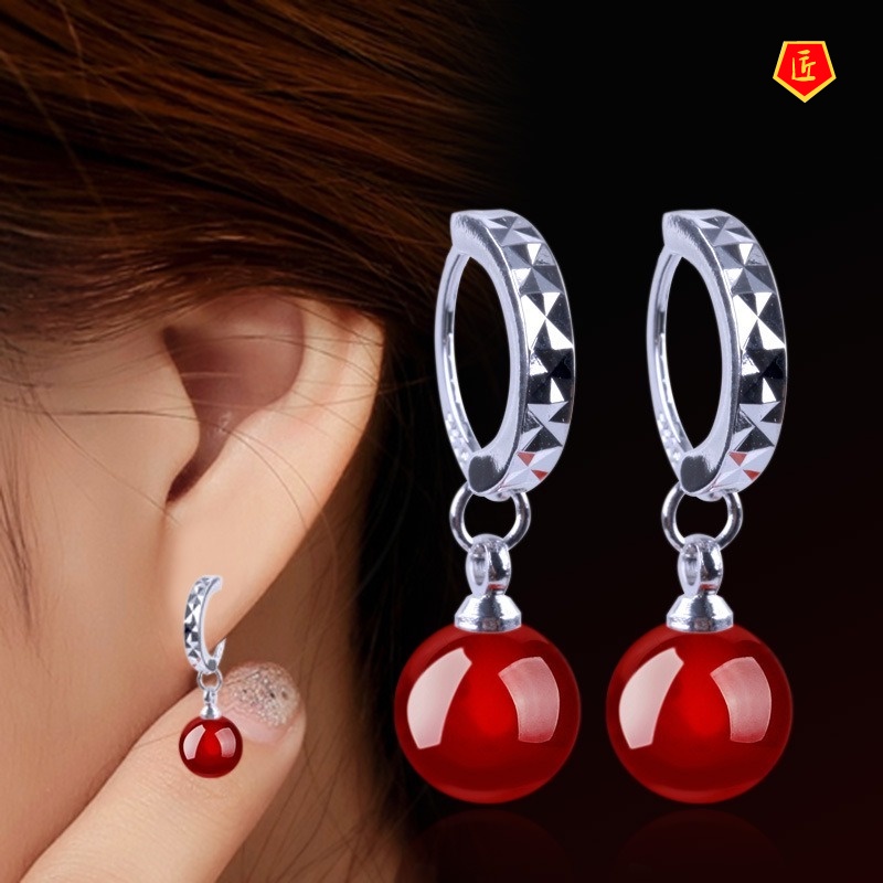 [Ready Stock]Women's Silver Earrings Black and Red Agate Fashion Korean Style