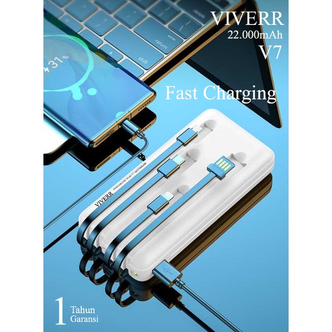 Powerbank VIVERR V7 3Kabel Output Kapasitas 22.000 mAH Produk ORIGINAL 100% Bisa buat semua type Hp dan gadget universal Qualitas No.1 garansi resmi 1 Tahun.