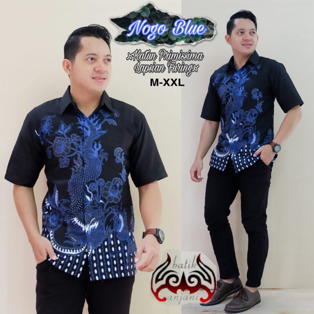 NOGO BLUE ANJANI KEMEJA BAJU BATIK PRIA SOLO LENGAN PENDEK FULL FURING KATUN HALUS ATASAN BATIK PREMIUM MODERN RENJANI LAWASAN BAWARA BIRU DANURAJA PERWIRA BROWN RODA SURYA CENDRAWASIH BLUE PEKSI LAWASAN NOGO MERAH KAMANDANU GURDHO PARI BLUE CENDRAWASIH