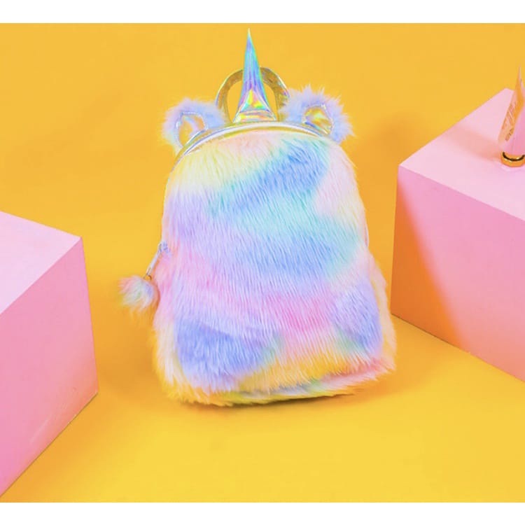 AS Ransel Bulu Unicorn Moe Fluffy Rainbow Backpack Korea Import Lembut Ransel Anak Lucu Muat Laptop