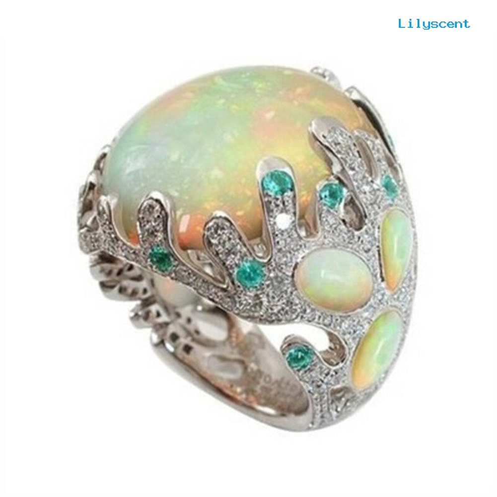 Lilyscent Women Multicolor Big Oval Faux Moonstone Carved Flowers Finger Ring Jewelry