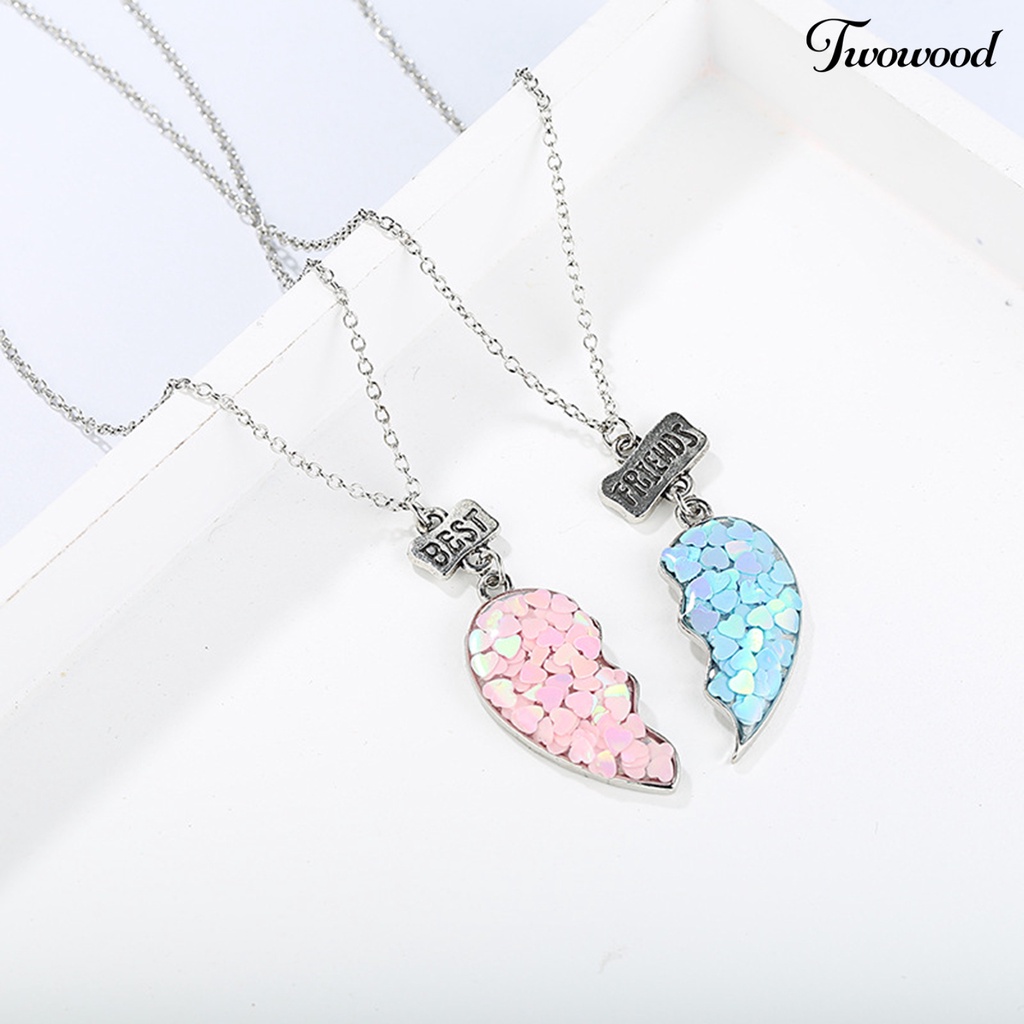 Twowood 2Pcs Couple Necklaces Sequin Stitching Heart Broken Jewelry Shiny All Match Necklaces Bracelets Jewelry Gifts