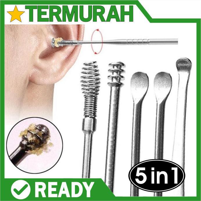 ALAT PEMBERSIH KOTORAN TELINGA KOREK KUPING STAINLESS EAR CLEANER KOTORAN SET ISI 5 ANTI KARAT WAX BESI