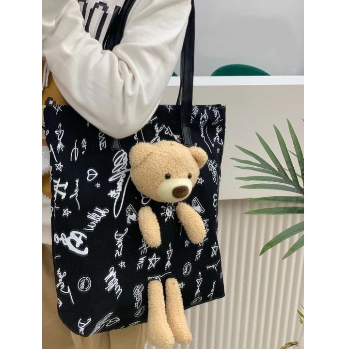 Tas Tote Bahu Shoulder Bag Wanita Bahan Kanvas Motif Boneka Bear lucu Impor terbaru 2020