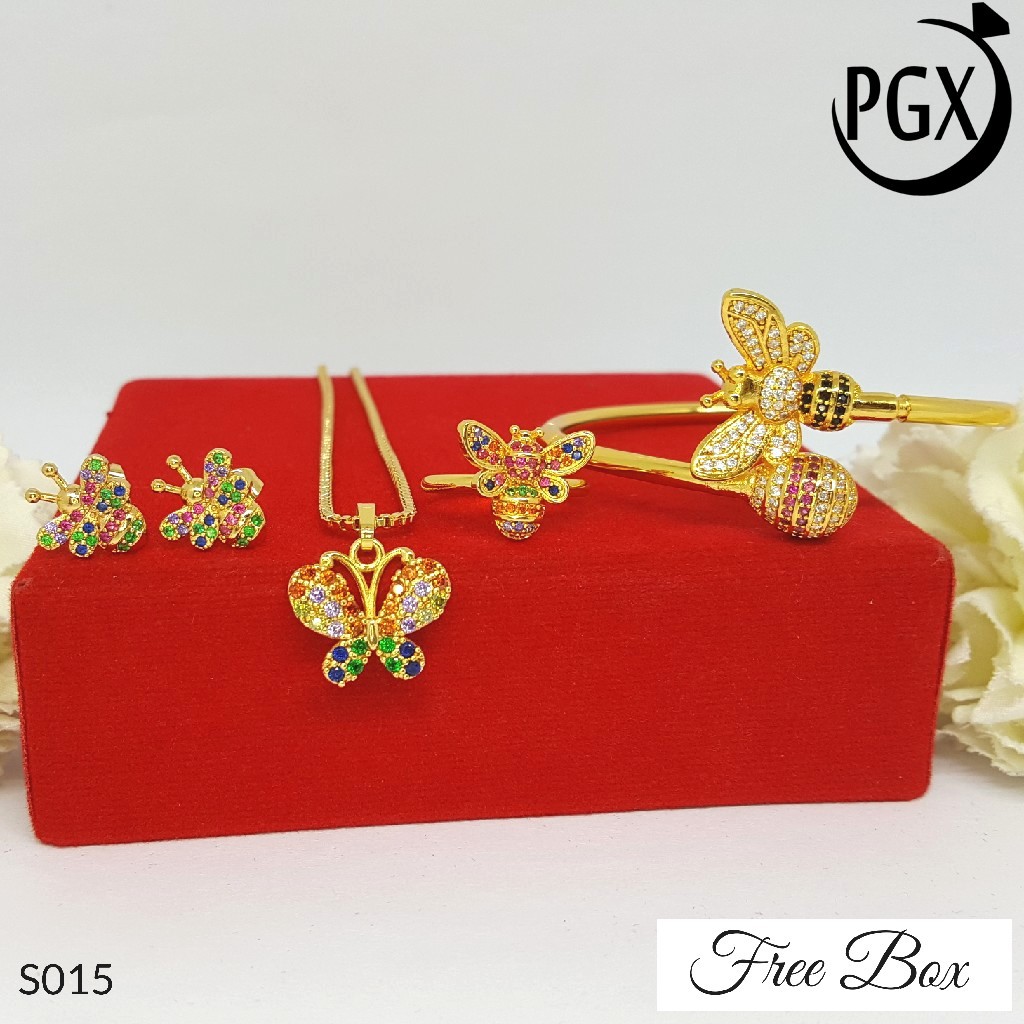 PGX Set Perhiasan Xuping Cincin Gelang Kalung Anting Lapis Emas - S015