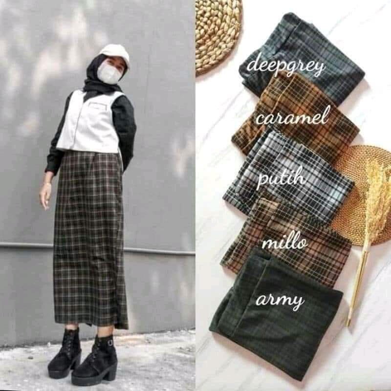 Celana Kulot Rayon Crincle Crinkle Airflow Panjang Wanita Premium Highwaist Loose Cullote Pants Homewear Jumbo Terbaru Kekinian-ROK TARTAN ARMY