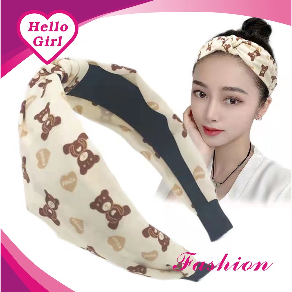 (Hello Girl)B25 Bandana Simpul Motif Beruang Bahan Kain Import Headband Wanita Korea Import