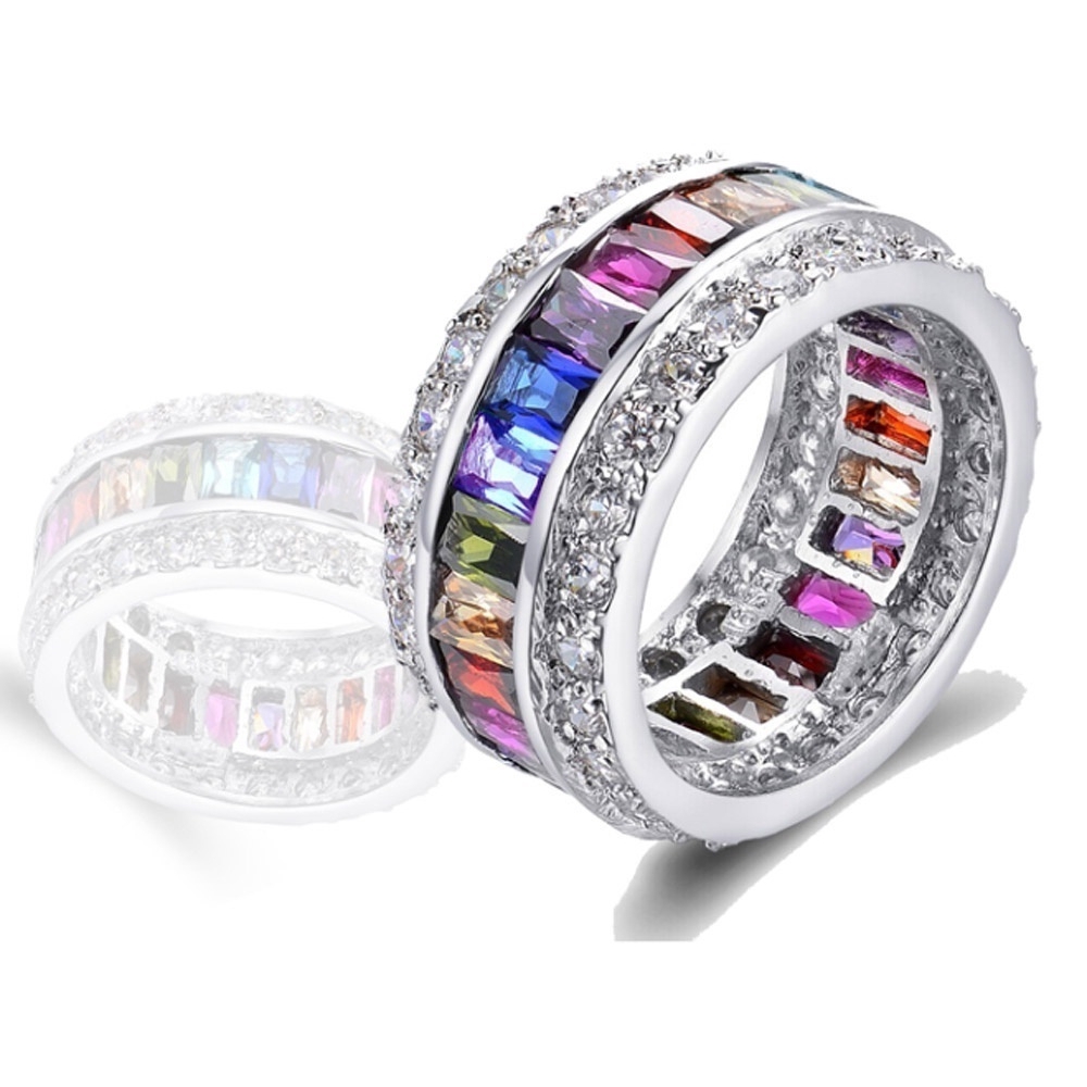 SEUSUK  Fashion Woman Multicolor Gemstone Delicate Princess Bride Wedding Engagement Ring Jewelry