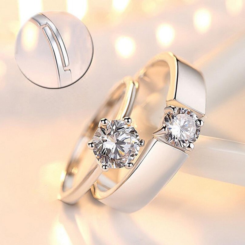 2Pcs Cincin Halo Silver 925 Asli Zirkon Cincin Tidak Pudar Hadiah terbaik（1 pasangan = 2Pcs Cincin)Adjustable Size