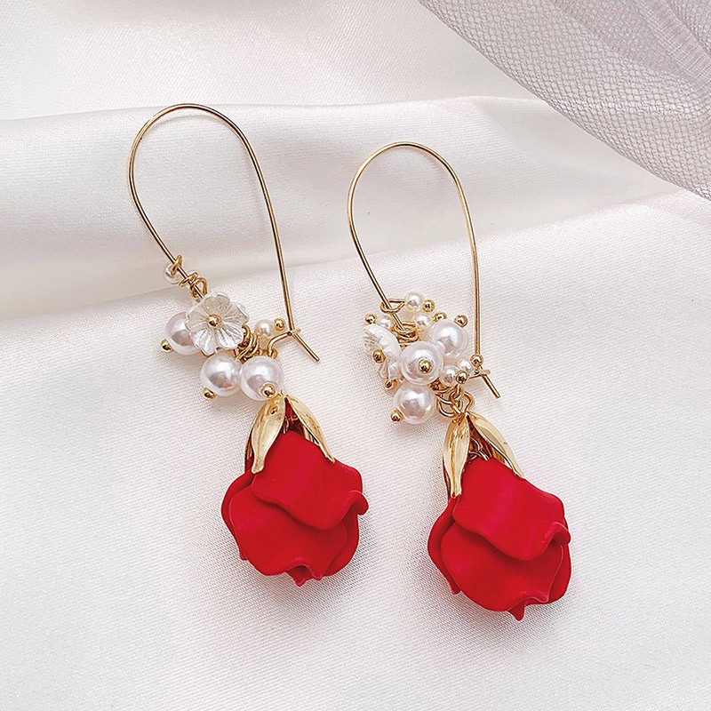 Anting Desain Kelopak Bunga Mawar Merah Gaya Korea