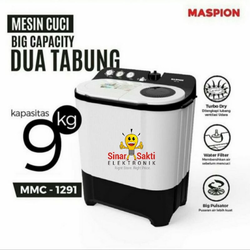 Maspion Mesin Cuci 2 tabung 9 kg 12 kg Jumbo MMC 1291 MMC1291 Garansi