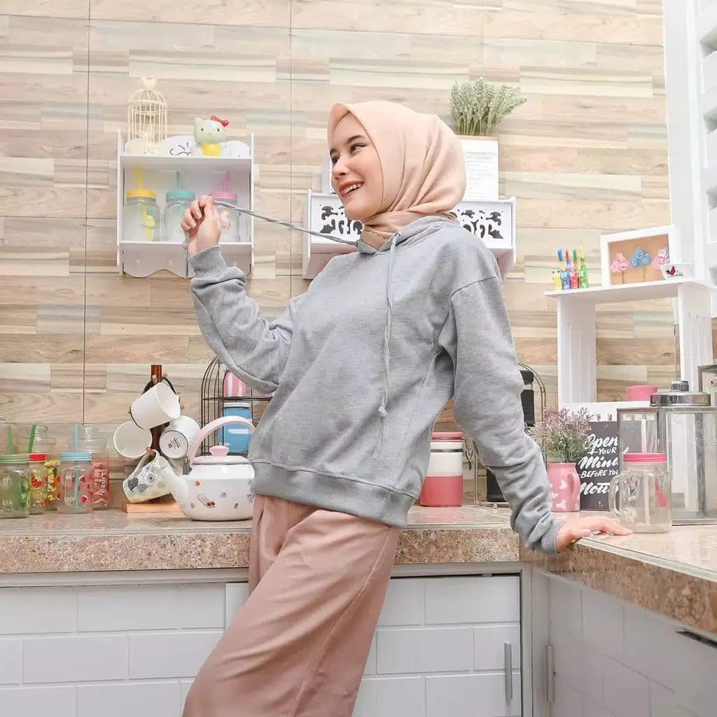 HOODIE CROOPE WANITA SWEATER POLOS OVER SIZE TERBARU-abu muda