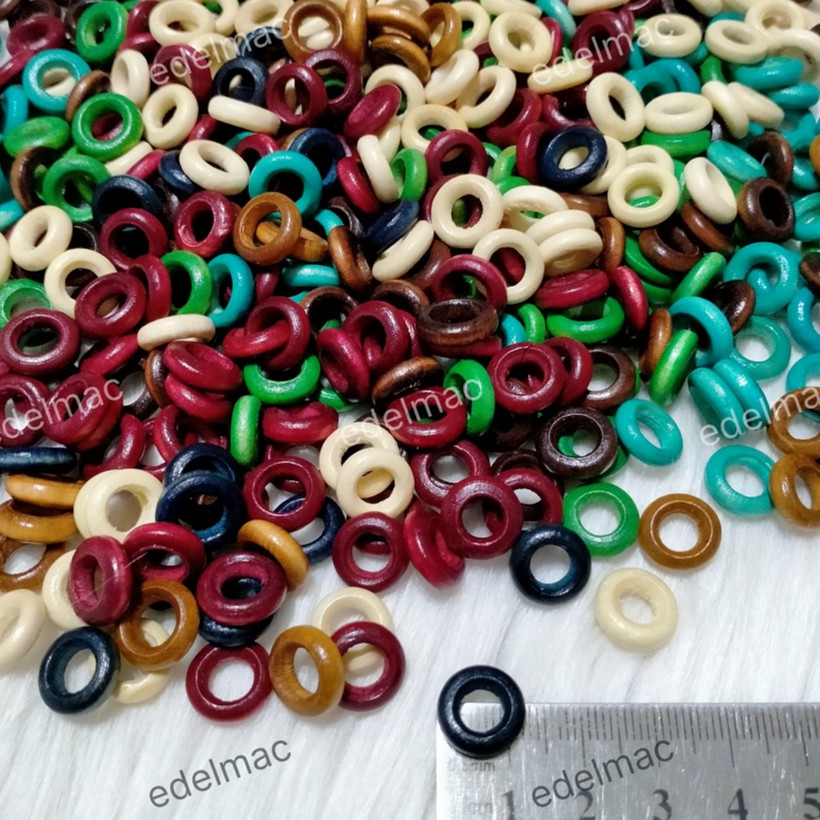 Ring Wooden Beads | Mote / Manik Kayu Bulat Lubang Besar Cet Warna