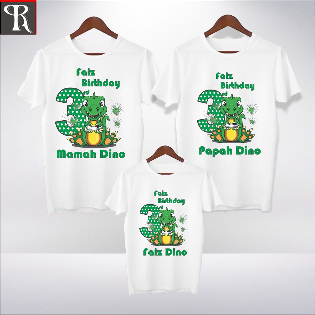 KAOS FAMILY COUPLE|BAJU COUPLE KELUARGA|KAOS ULTAH ANAK TEMA T REX FREE CETAK NAMA