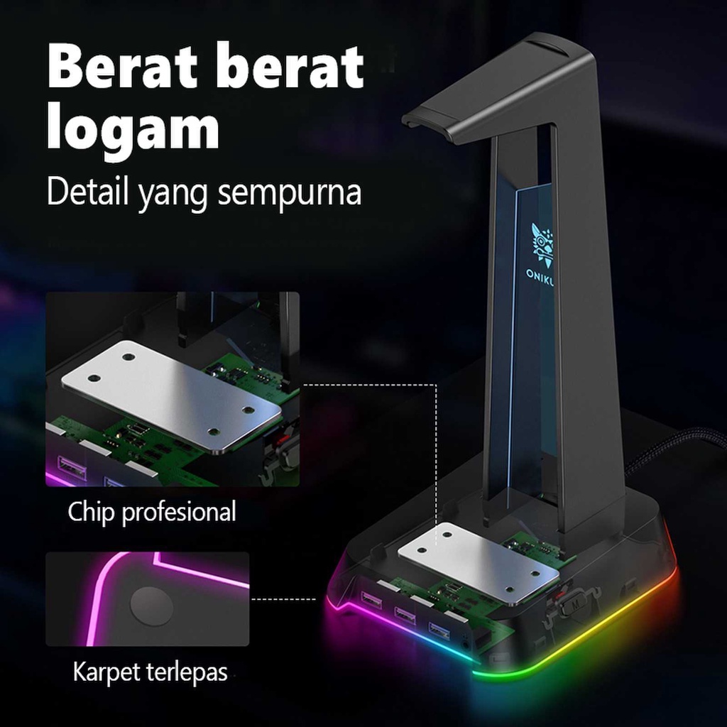 Onikuma ST-2  RGB Gaming Headphone Stand Komputer Headset Desktop Tampilan Pemegang Logo Bercahaya dengan 3 USB dan 3.5 Mm AUX Port