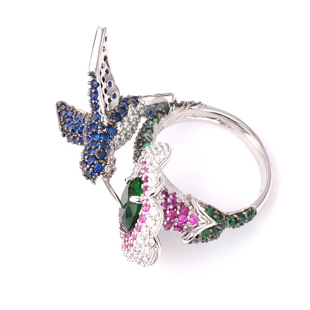 SEUSUK  Fashion Popular Silver Ring Bird Flower Natural Gemstones Sapphire &amp; Emerald Ring Jewelry