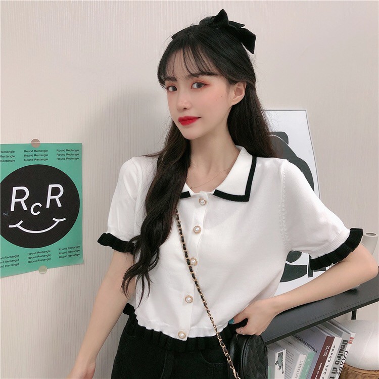 [Diskon Spesial] Crop top rajutan kaos lengan pendek wanita Korea