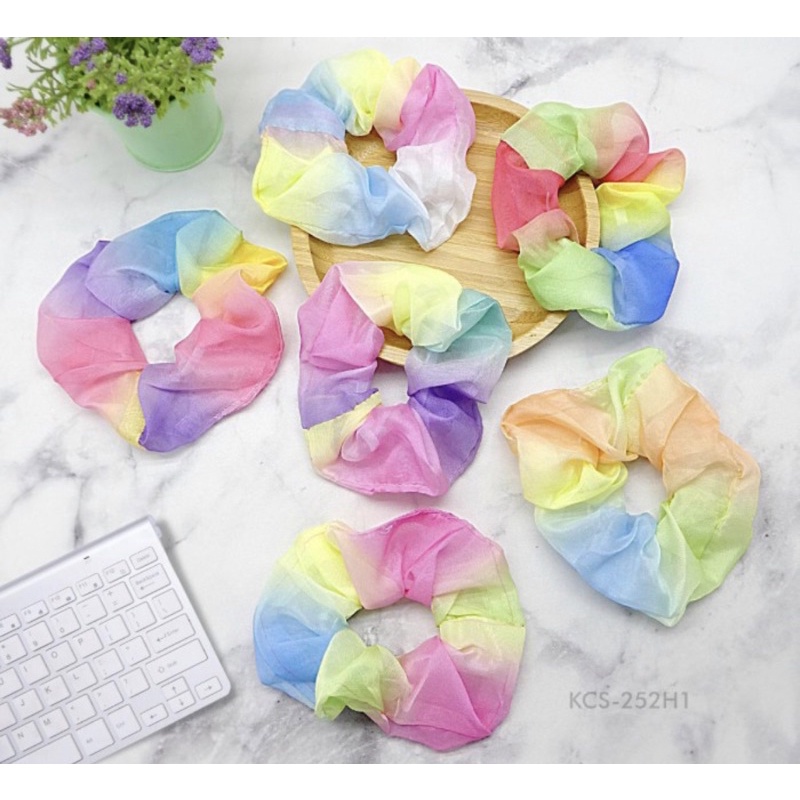 ikat rambut scrunchie rainbow pelangi warna warni scrunchies