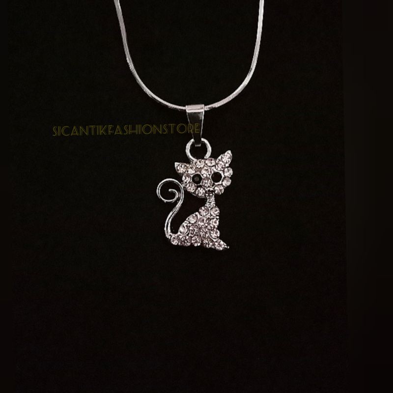 (PROMO)Kalung liontin Titanium motif Kucing cantik Terlaris anti karat Perhiasan Wanita silver mewah