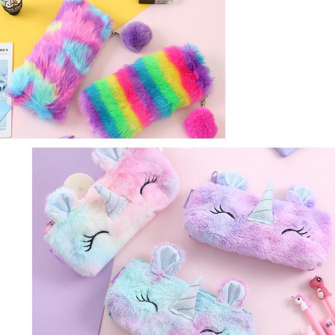 

Tempat pen Bulu Fur Unicorn ATK04 Pom ATK05 kotak pensil case