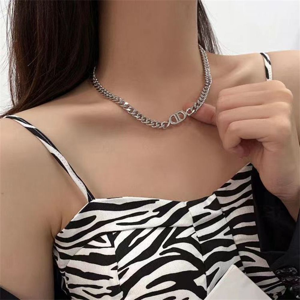 MXBEAUTY Simple Female Sweater Chain Retro Metal Bracelet Korean Style Necklace Thick Chain Luxury Jewelry Gift Letter DD Personality Temperament Metal Clavicle Chain