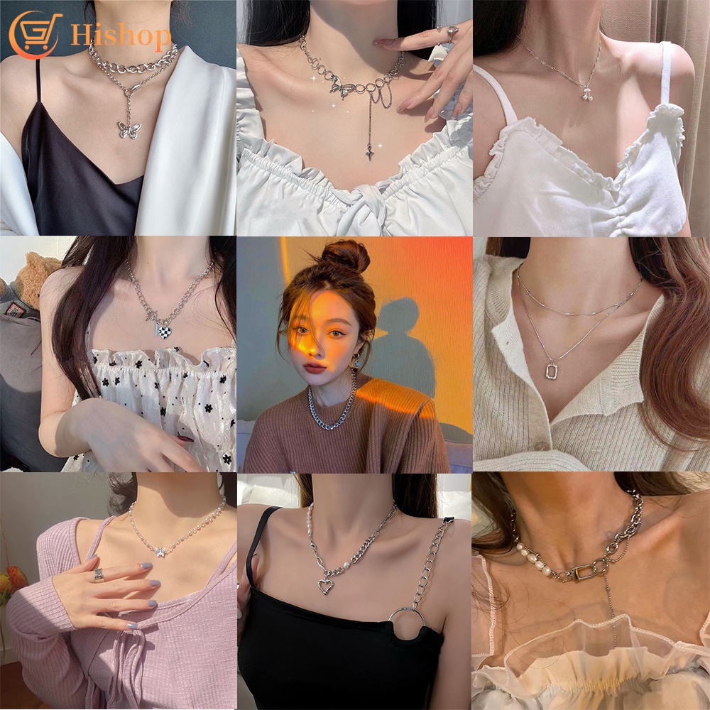 Kalung Rantai Choker Hias Kupu-Kupu Mutiara Warna Silver Gaya Korea Untuk Wanita