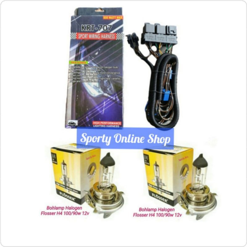 Kabel Set Lampu Mobil 3 Relay + Bohlamp Halogen Flosser H4 100/90W 12V