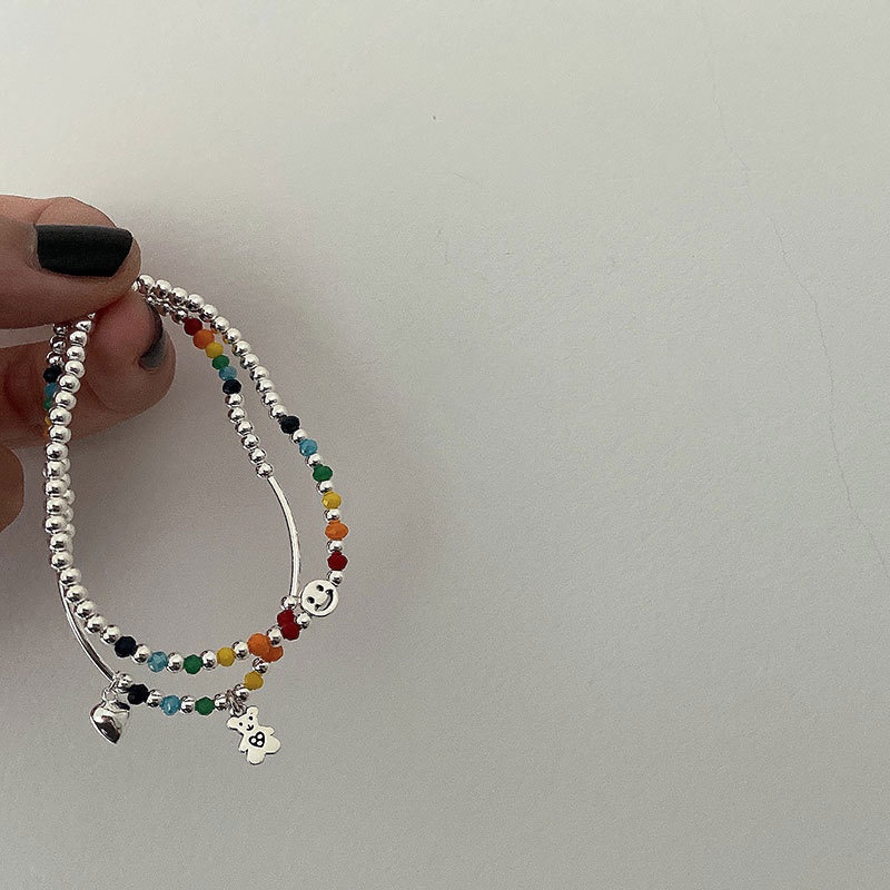 Gelang Manik-Manik Bulat Warna Pelangi Gaya Korea Retro Untuk Aksesoris