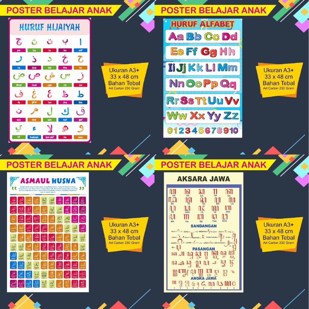 poster edukasi anak / Poster Hijaiyah / Poster Alfabet / Poster Aksara Jawa / Poster Asmaul Husna