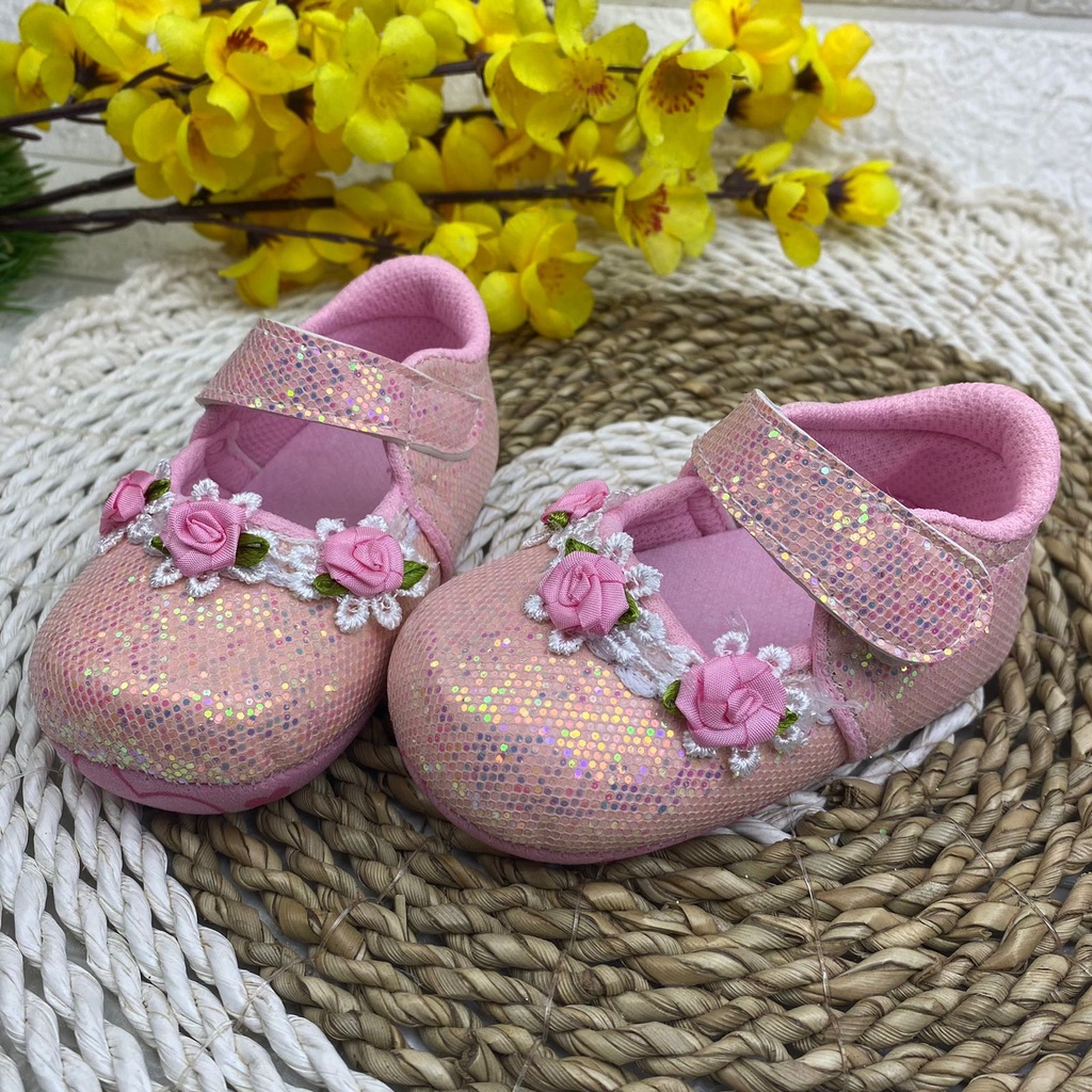 [TAMAN SEPATUKU]SEPATU TRENDY MURAH BABY BAYI PREWALKER BUNGA GLITTER ANAK 0-12 BULAN XPX12