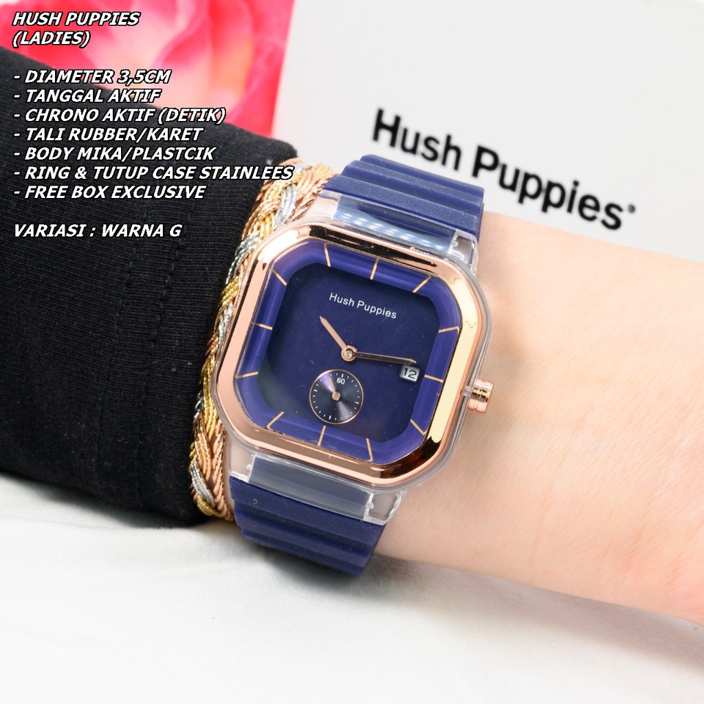 JAM TANGAN WANITA HUSH PUPPIES TALI RUBBER BODY SEGI TANGGAL &amp; CHRONO AKTIF