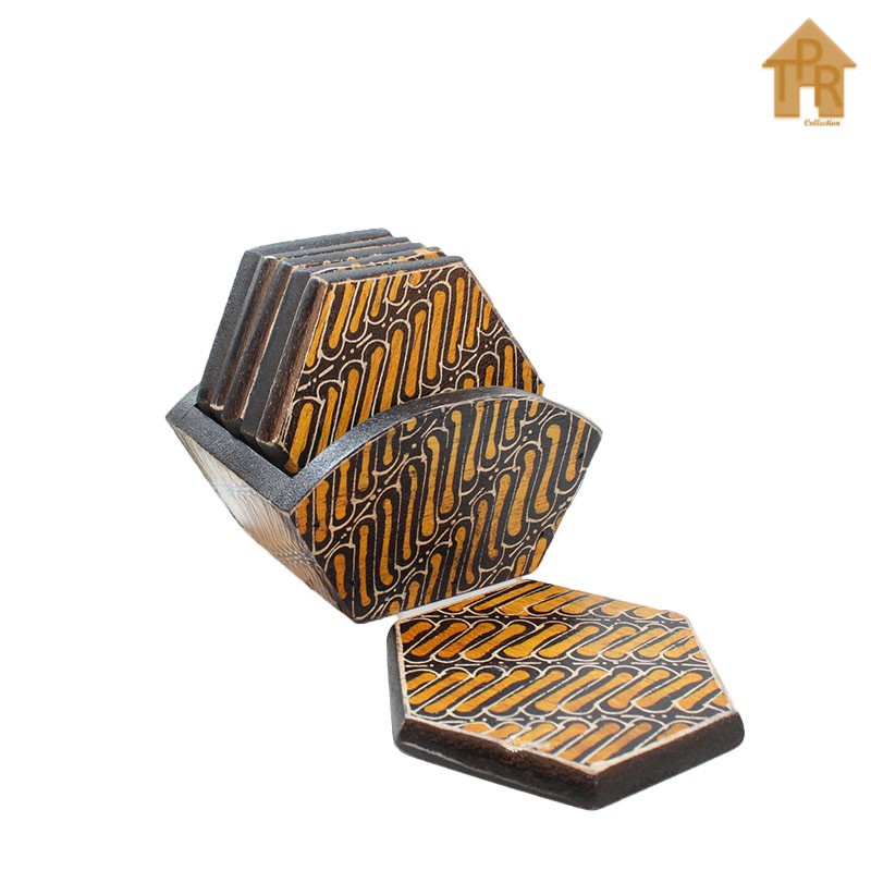 Coaster Kayu Batik / Tatakan Hexagonal D9 x 6pcs.