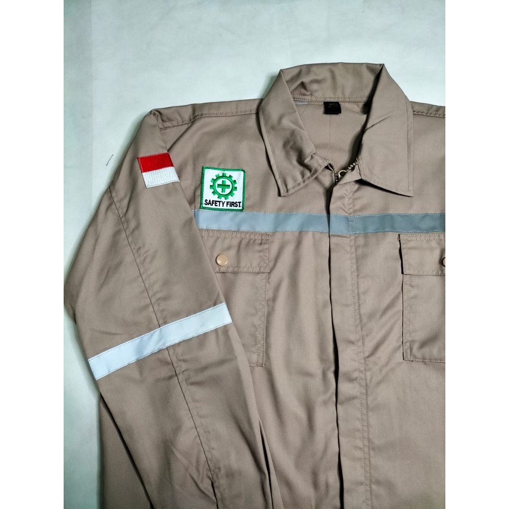 Kemeja Atasan Safety | Baju Proyek Wearpack Lengan Panjang Full Coklat Muda