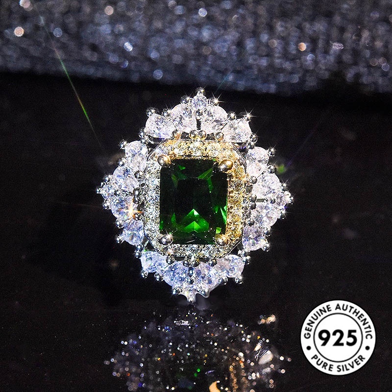 Cincin Sterling Silver 925 Model Terbuka Dengan Emerald Mewah Untuk Wanita