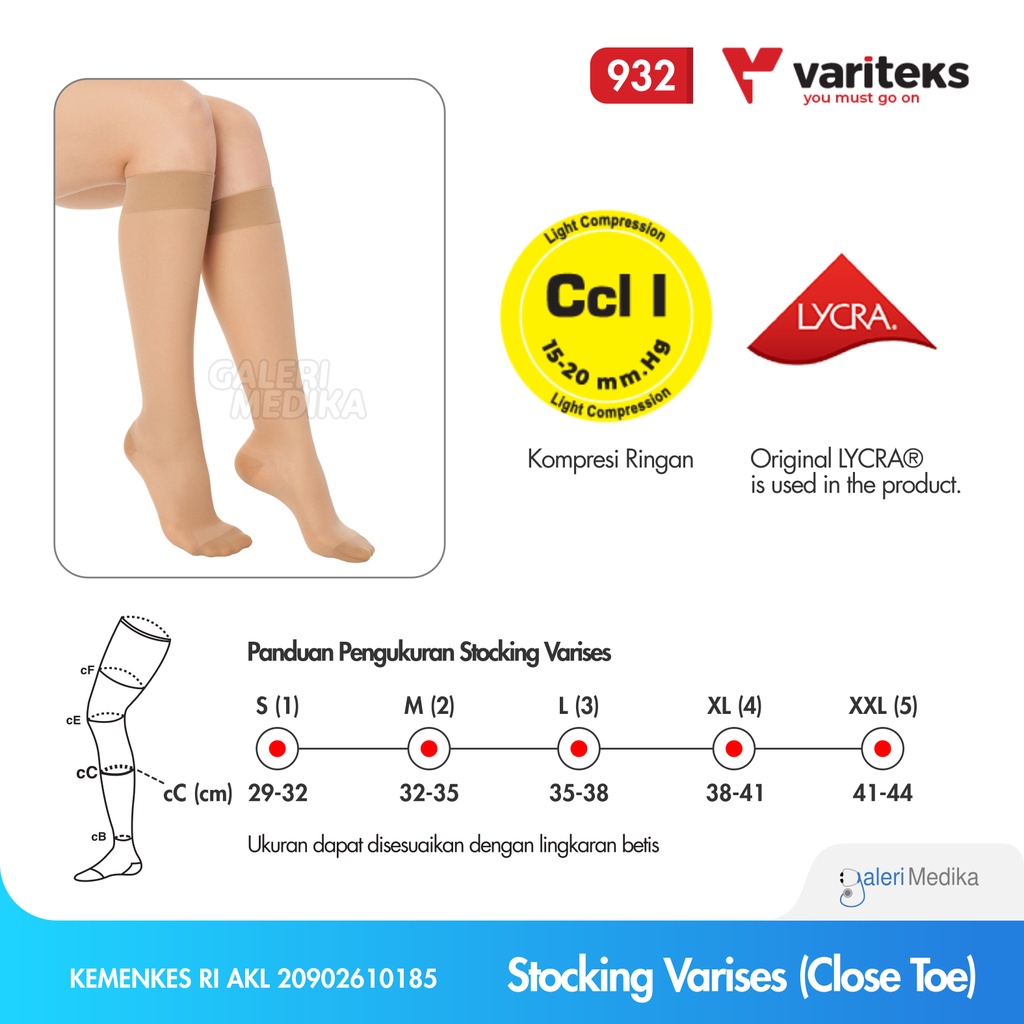 Stocking Varises Variteks 932 Kompresi Ringan 15-20mmHg Kelas I / Light Compression CCL 1 - Stoking Varises