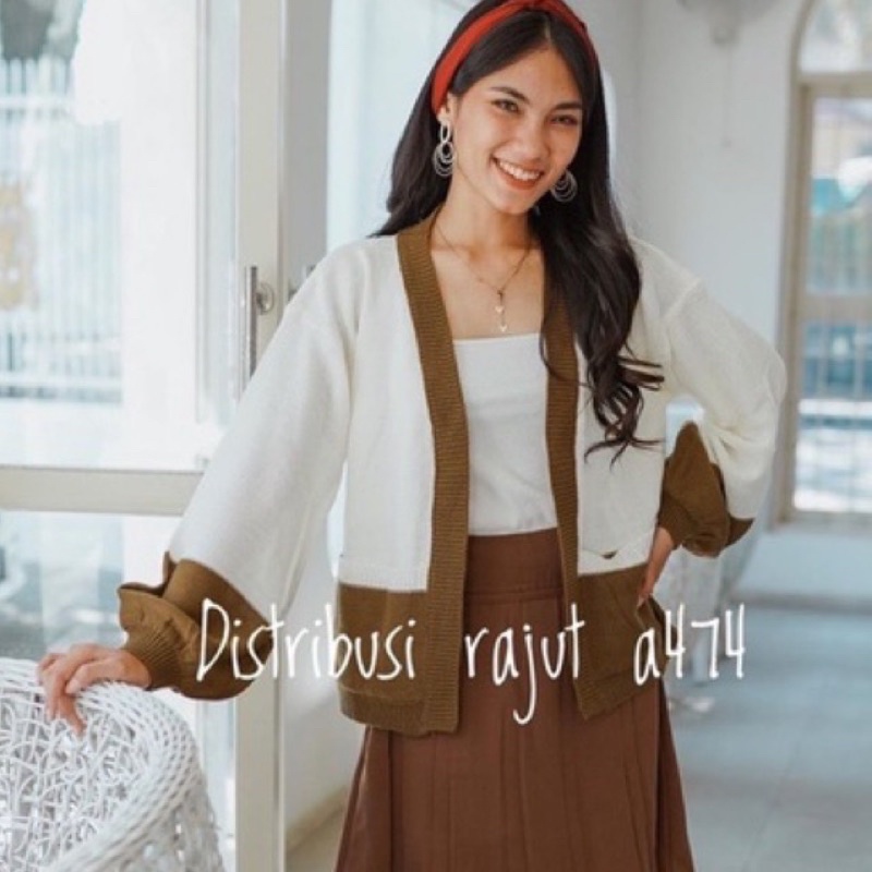 ONESET SETELAN ROK CARDIGAN RAJUT JAVIE TWO TONE WANITA