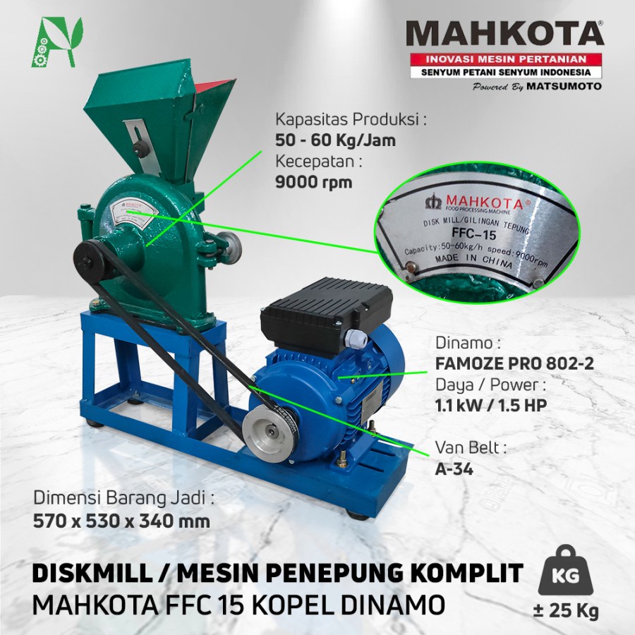 Disk Mill mesin gilingan tepung FFC 15 komplit Dinamo 1.5 Hp