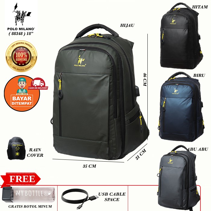 Tas RANSEL MURAH POLO MILANO - 88348 - TAS SEKOLAH PRIA IMPORT + USB ANTI AIR - FREE BOTOL MINUM