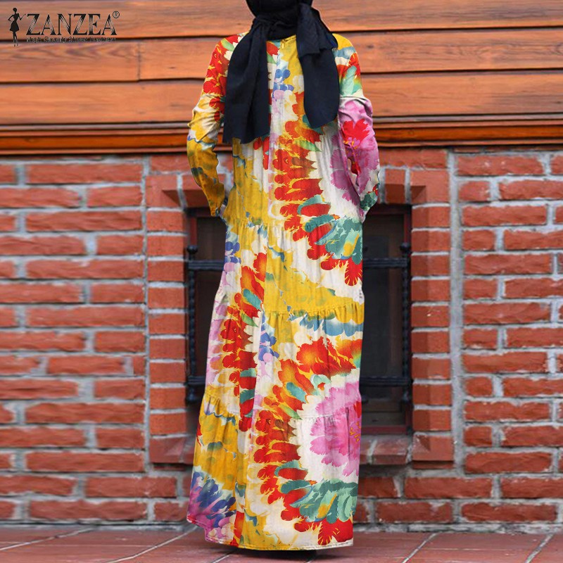 ZANZEA Women Long Sleeve Back Zipper Multi-Color Muslim Long Dress