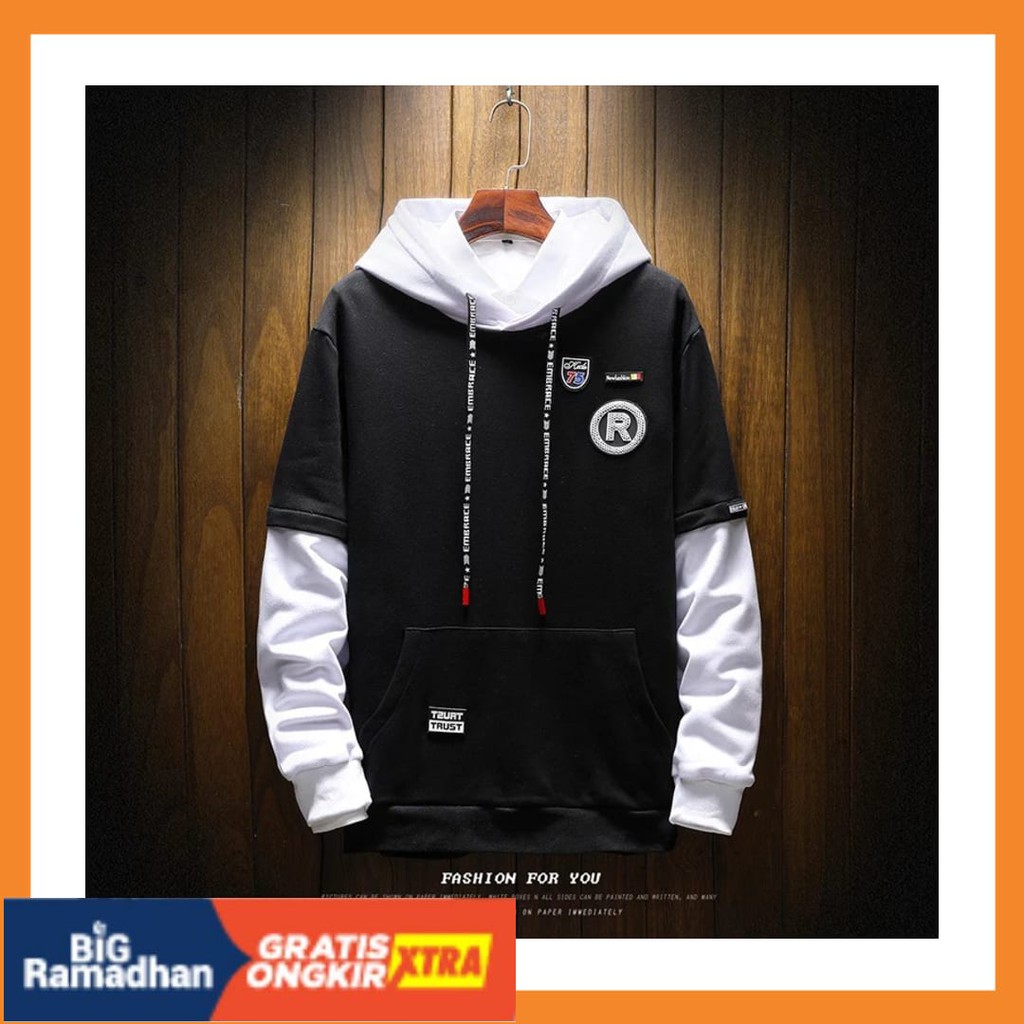 POLOS MOTIF MERAH PUTIH HITAM BIRU KUNING ASLI / Sweater Hoodie Pria R REGLAN FLEECE Sweater Hodie