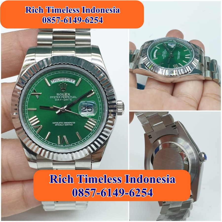 Hot Sale  Jam Tangan Analog Pria Keren Merk Rolex Day-Date Stainless Silver Dial Green Swiss Eta Ful