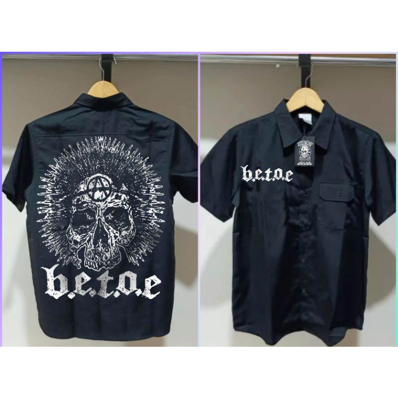 kemeja pendek band punk beteo,kemeja hitam pendek,kemeja band punk,workshit,workshit band punk,kemej