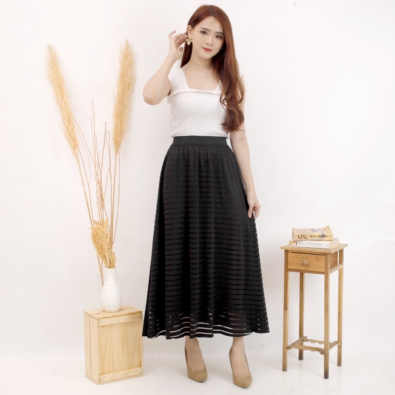 ROK MOTIF GARIS GARIS - POLOS KARET FURING ABG KERJA KULIAH MURAH CANTIK LEBAR MAYUNG MODELLANO MAXI