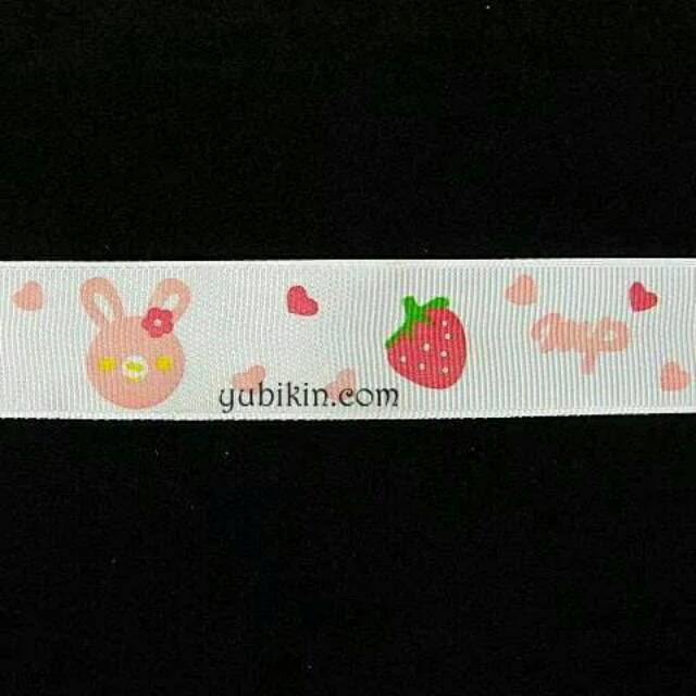 1 Meter Pita Grossgrain/Pita Salur/Pita Garis Kelinci Strawberry Cherry 25mm Putih