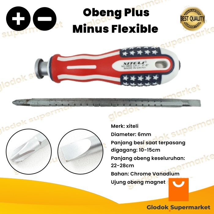 Obeng Bolak Balik Flexible Xiteli Panjang 10-15cm Diameter 6mm Plus Minus Magnet 2 Way