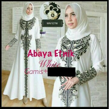 Abaya/Gamis/Jubah/Dress Bordir Etnik Putih - Putih