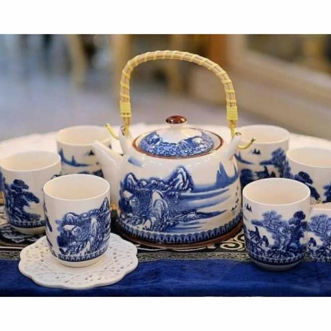 TEA SET KERAMIK CAPODIMONTE MOTIF JEPANG BLUE - ABBF6