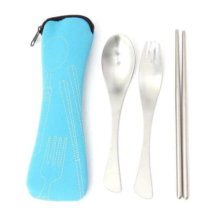 【GOGOMART】Set Perlengkapan Makan Sendok Garpu Sumpit Stainless Steel With Pouch