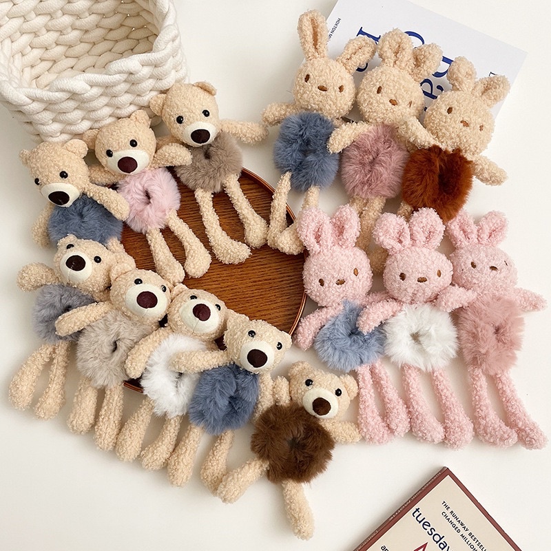 IKAT RAMBUT BEAR RABBIT SCRUNCHY / IKAT RAMBUT KOREA ANAK KECIL BONEKA BERUANG KELINCI / SCRUNCHIEKARET RAMBUT/KUNCIR BULU BONEKA BEAR KAKI TANGAN IKAT RAMBUT DONAT